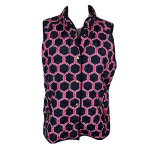 Crown &‎ Ivy Vest Womens Sz L Navy Blue Pink Chain Link Quilted Puffer
